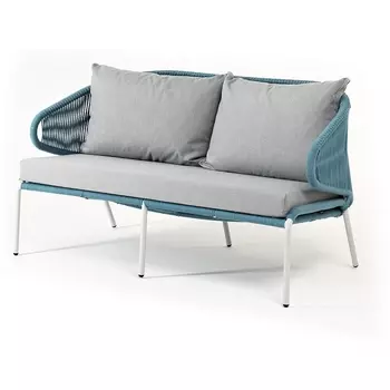 "Милан" диван 2-местный плетеный из роупа, каркас алюминий светло-серый (RAL7035) муар, роуп бирюзовый круглый, ткань светло-серая 4SIS арт.УТ-00009574