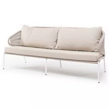 "Милан" диван 3-местный плетеный из роупа, каркас алюминий белый муар, роуп бежевый круглый, ткань бежевая 052 4SIS арт.УТ-00004929