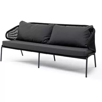 "Милан" диван 3-местный плетеный из роупа, каркас алюминий темно-серый (RAL7024) муар, роуп темно-серый круглый, ткань темно-серая 027 4SIS арт.УТ-00006817