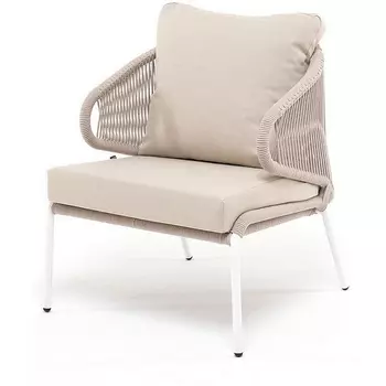 "Милан" кресло плетеное из роупа, каркас алюминий белый муар, роуп бежевый круглый, ткань бежевая 035 4SIS арт.УТ-00006128