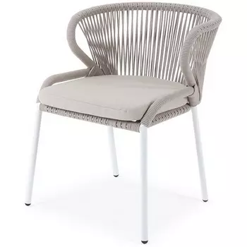 "Милан" стул плетеный из роупа, каркас алюминий белый муар, роуп бежевый круглый, ткань бежевая 052 4SIS арт.УТ-00008596