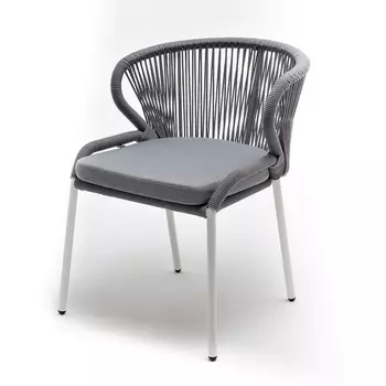 "Милан" стул плетеный из роупа, каркас алюминий белый муар, роуп светло-серый круглый, ткань светло-серая 4SIS арт.УТ-00009720