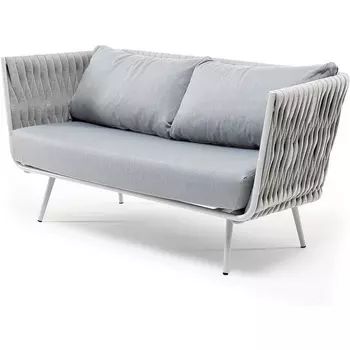 "Монако" диван 2-местный плетеный из роупа, каркас алюминий светло-серый (RAL7035) муар, роуп светло-серый 40 мм, ткань светло-серая 4SIS арт.УТ-00006214
