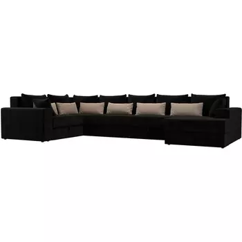 П-образный диван Майами оттоманка справа (велюр черный, подушки велюр ЧЕРН/беж/черн) Лига Диванов 114831