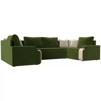 П-образный диван Николь (микровельвет зеленый, вставка экокожа бежевая, подушки микровельвет ЗЕЛ/беж) Лига Диванов 29459