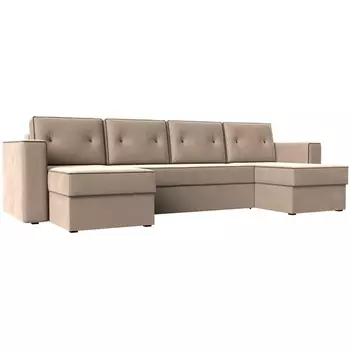 П-образный диван Принстон (велюр бежевый, кант велюр коричневый) Лига Диванов 110870