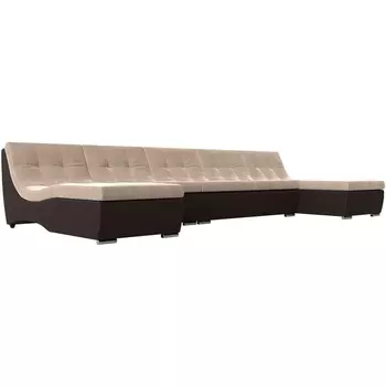 П-образный модульный диван Монреаль Long (основа велюр бежевый, компаньон экокожа коричневая) Лига Диванов 111522