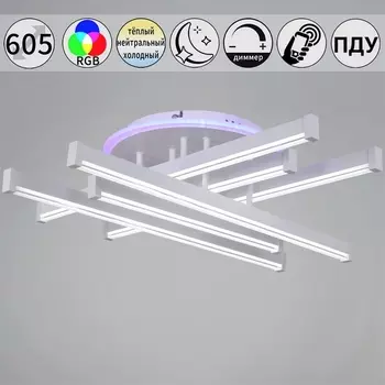 Потолочная люстра (+ночной режим) светодиодная на штанге с управлением смарфоном и пультом Reluce 01030-0.3-06 WT