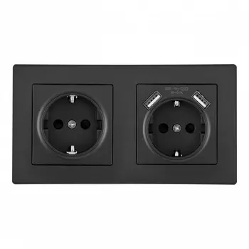 Розетка двойная c заземлением, шторками и USBх2 в комплекте с рамкой (черный) Arte Milano SET06-2 SET06-2-47-1-40-1 black