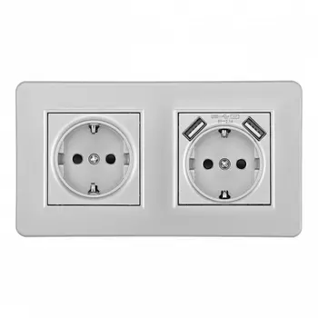 Розетка двойная c заземлением, шторками и USBх2 в комплекте с рамкой (серебро) Arte Milano SET16-2 SET16-2-47-1-40-1 silver