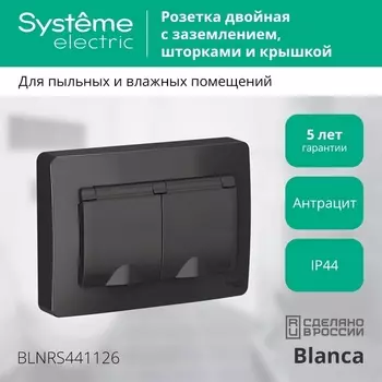 Розетка двойная с заземлением, шторками и крышкой (антрацит) Systeme Electric Blanca BLNRS441126