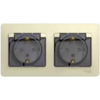 Розетка двойная с заземлением, шторками и крышкой (бежевый) Systeme Electric Glossa GSL000247