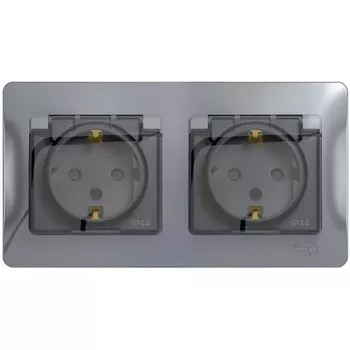 Розетка двойная с заземлением, шторками и крышкой (алюминий) Systeme Electric Glossa GSL000347