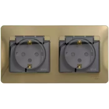 Розетка двойная с заземлением, шторками и крышкой (титан) Systeme Electric Glossa GSL000447