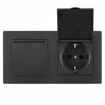 Розетка двойная с заземлением, шторками и защитной крышкой в комплекте с рамкой (черный) Arte Milano SET06-2 SET06-2-41-1x2 black