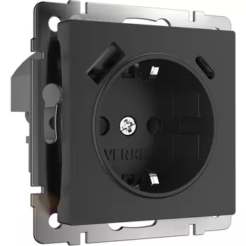 Розетка с заземлением, шторками и USB тип A+C (черный) Werkel W1171708 (a056275)
