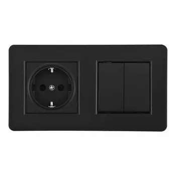 Розетка с заземлением и шторками с двухклавишным выключателем в комплекте с рамкой на два поста (черный) Arte Milano SET16-2 SET16-2-40-1-30-2 black