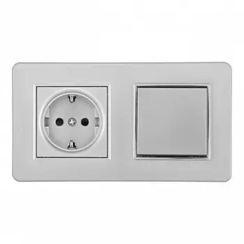 Розетка с заземлением и шторками с одноклавишным выключателем в комплекте с рамкой на два поста (серебро) Arte Milano SET16-2 SET16-2-40-1-30-1 silver