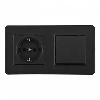 Розетка с заземлением и шторками с одноклавишным выключателем в комплекте с рамкой на два поста (черный) Arte Milano SET16-2 SET16-2-40-1-30-1 black