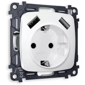Розетка с заземлением, шторками и быстрой зарядкой USBх2 (белый глянец) Ambrella Volt QUANT MO109010
