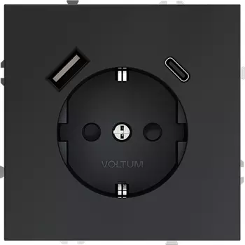 Розетка с заземлением, шторками и USB Type A+С (графит) Voltum S70 VLS040507