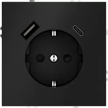 Розетка с заземлением, шторками и USB Type A+С (черный матовый) Voltum S70 VLS040508