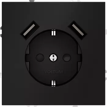Розетка с заземлением, шторками и USBх2 (черный матовый) Voltum S70 VLS040408