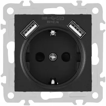 Розетка с заземлением, шторками и USBх2 DC 5V 2.1A Arte Milano am-206 206.47-1.black