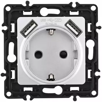 Розетка с заземлением, шторками и USBх2 DC 5V 2.1A Arte Milano am-217 217.47-1.silver