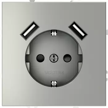 Розетка с заземлением, шторками и USBх2 (сталь) Voltum S70 VLS040405