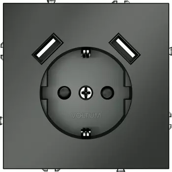 Розетка с заземлением, шторками и USBх2 (титан) Voltum S70 VLS040406