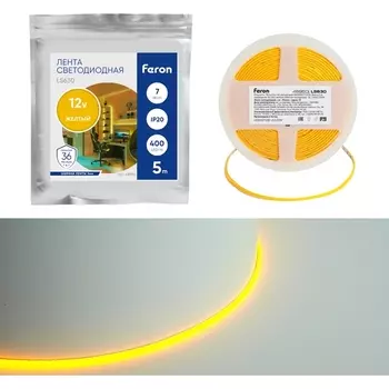 Светодиодная COB лента 400SMD(2110)/ 7Вт/м 12V желтый Feron LS630 48950