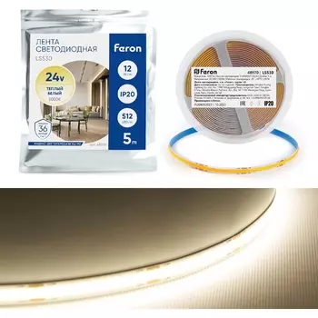 Светодиодная COB лента 512SMD(2110)/м 12Вт/м 24V 3000К Feron LS530 48970