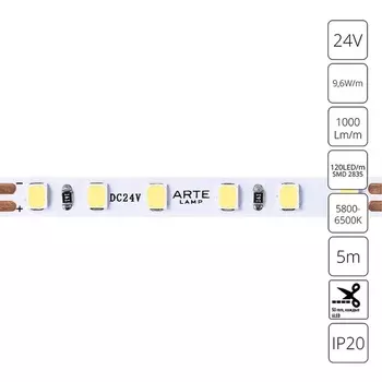 Светодиодная лента 2835 24V 9,6W/m 6000К 5м Arte Lamp Tape A2412005-03-6K