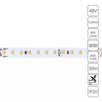Светодиодная лента 2835 48V 7,2W/m 3000К 30м Arte Lamp Tape A4812010-03-3K