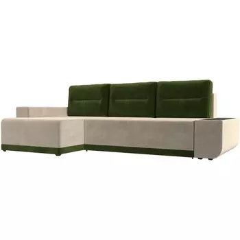 Угловой диван Чикаго левый угол (основа микровельвет бежевый, подушки и вставка микровельвет зеленый) Лига Диванов 110746L