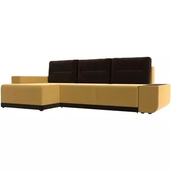 Угловой диван Чикаго левый угол (основа Микровельвет Желный, подушки и вставка микровельвет коричневый) Лига Диванов 110756L