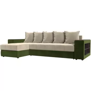 Угловой диван Дубай левый (основа микровельвет бежевый, компаньон микровельвет зеленый) Лига Диванов 105797L