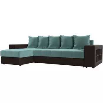 Угловой диван Дубай левый (основа Велюр Бирюзовый, компаньон экокожа коричневая) Лига Диванов 105801L