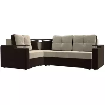 Угловой диван Комфорт левый (основа микровельвет бежевый, компаньон микровельвет коричневый) Лига Диванов 102593L