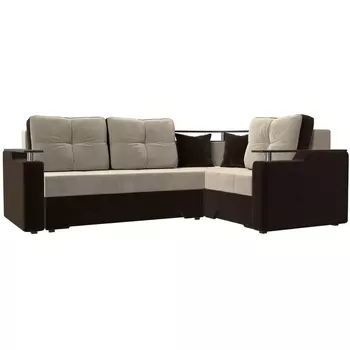 Угловой диван Комфорт правый (основа микровельвет бежевый, компаньон микровельвет коричневый) Лига Диванов 102593