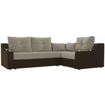 Угловой диван Кронос правый (основа микровельвет бежевый, компаньон микровельвет коричневый, подушки микровельвет БЕЖ/беж) Лига Диванов 114623