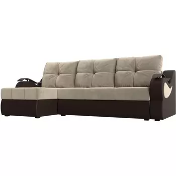 Угловой диван Меркурий левый (основа микровельвет бежевый, компаньон экокожа коричневая) Лига Диванов 100361L