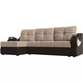 Угловой диван Меркурий левый (основа велюр бежевый, компаньон экокожа коричневая) Лига Диванов 106411L