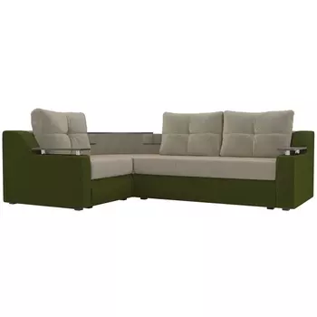 Угловой диван Тесей левый (основа микровельвет бежевый, компаньон микровельвет зеленый) Лига Диванов 107620L