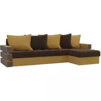 Угловой диван Венеция правый (основа микровельвет коричневый, компаньон микровельвет желтый) Лига Диванов 108442