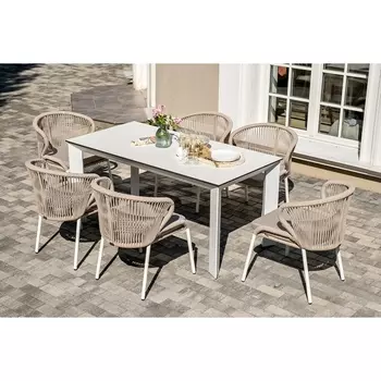 "Венето" обеденная группа на 6 персон со стульями "Милан", каркас белый, роуп бежевый 4SIS арт.УТ-00009334