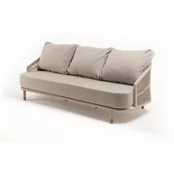 "Верона" диван 3-местный плетеный из роупа, каркас алюминий белый муар, роуп бежевый круглый, ткань бежевая 052 4SIS арт.УТ-00008593