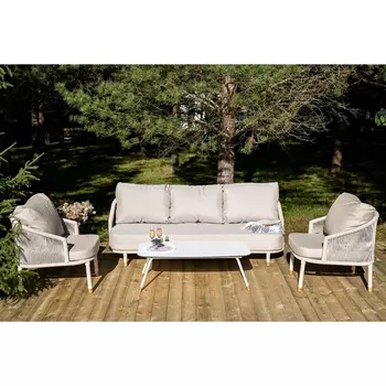 "Верона" лаунж-зона 5-местная плетеная из роупа (веревки), каркас алюминиевый белый, роуп бежевый 4SIS арт.УТ-00009327