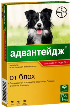 Advantage капли для собак весом от 10 до 25 кг против блох, вшей, власоедов 4 пипетки по 2,5 мл Bayer (1 пипетка)